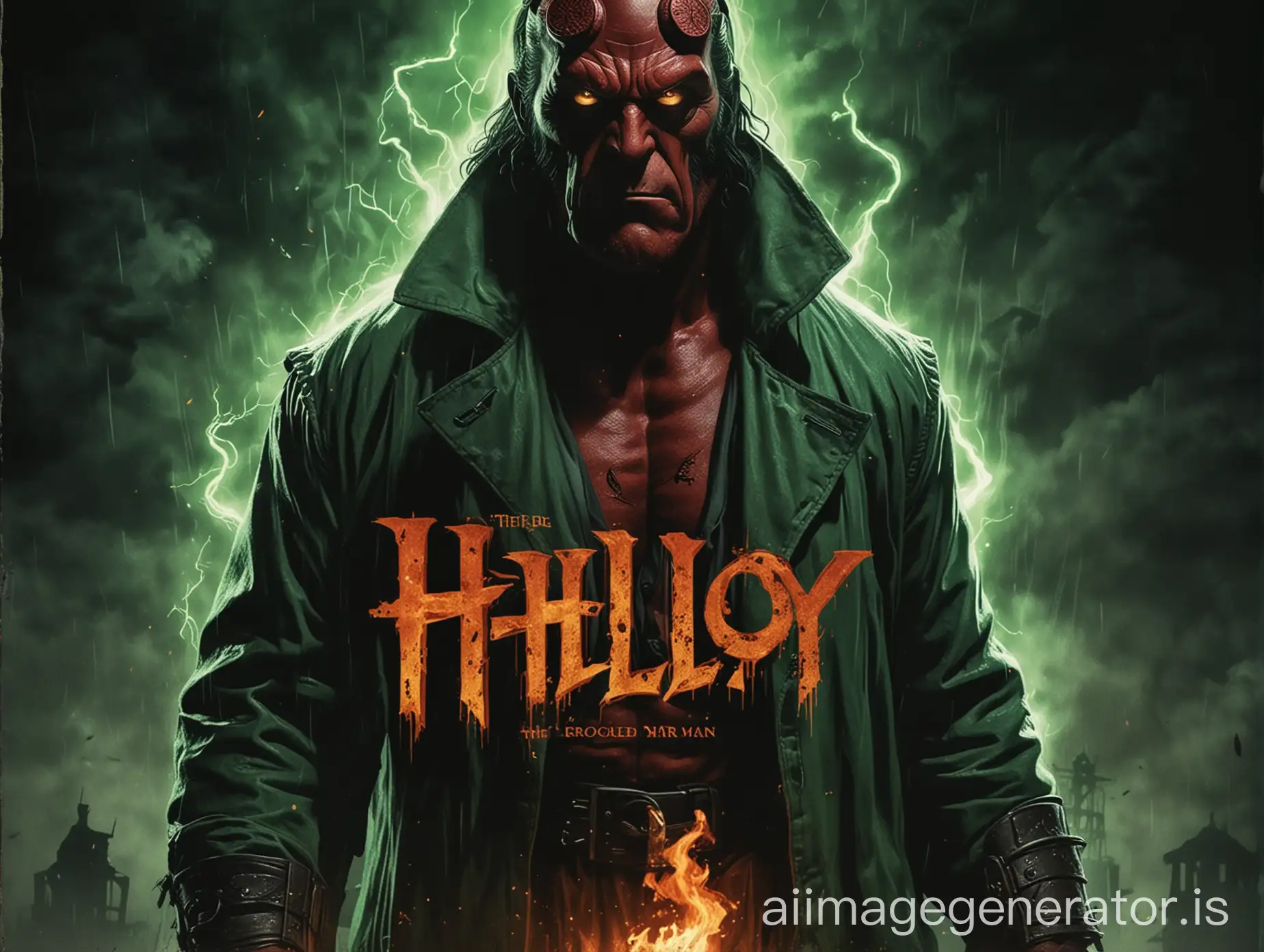 Hellboy: The Crooked Man movie poster, fire, dark background, green lightning,