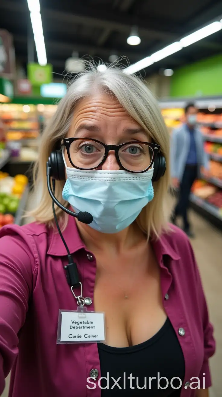 Selfie-of-a-60YearOld-Obese-Woman-in-Grocery-Store-with-Antibacterial-Mask-and-Headset