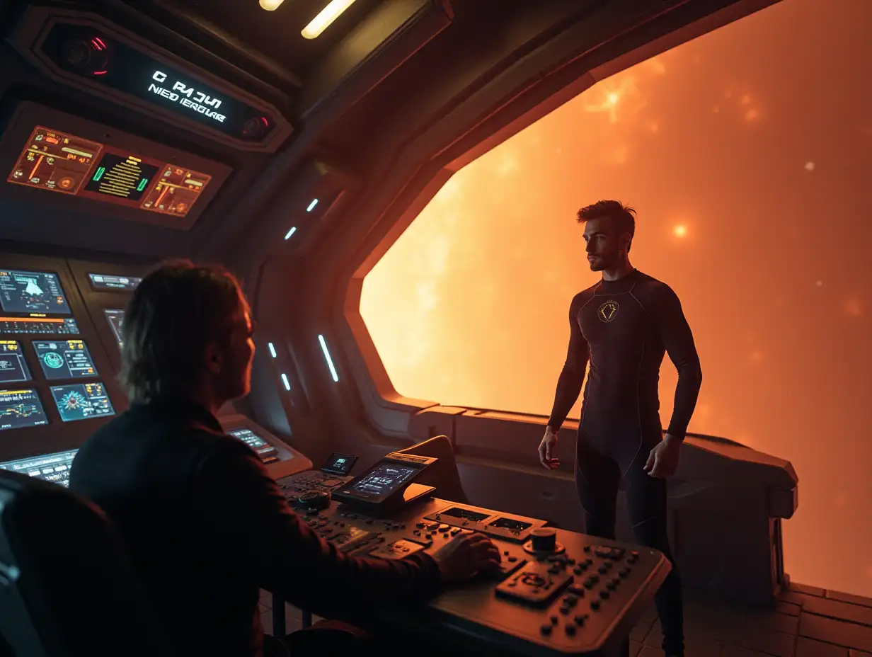 a futuristic space station orbiting an exotic planet. In the control room is a handsome man in a spandex uniform. In the background is an orange nebula.