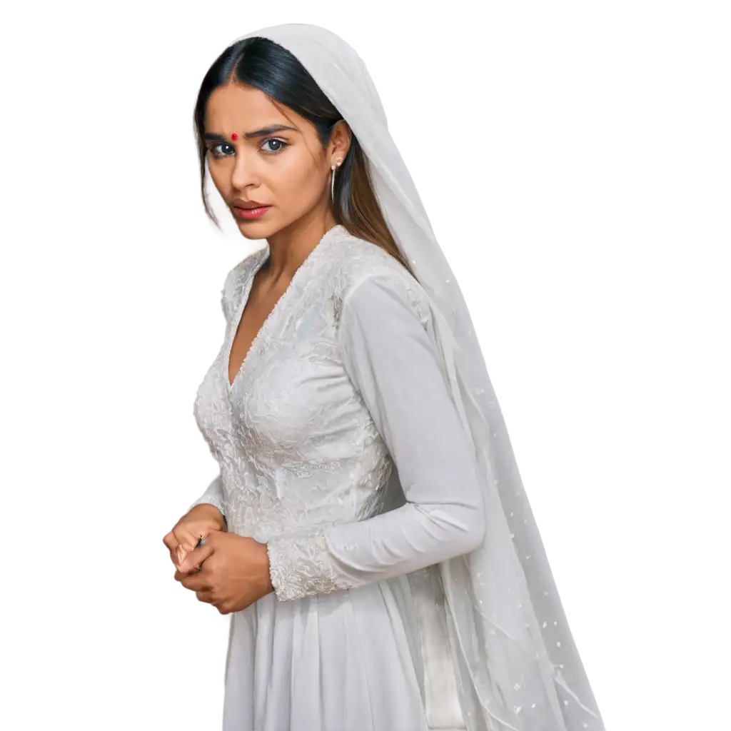 Realistic-FrontFacing-PNG-of-a-Beautiful-Indian-Bride-in-a-White-FullSleeved-Gown-with-a-White-Scarf