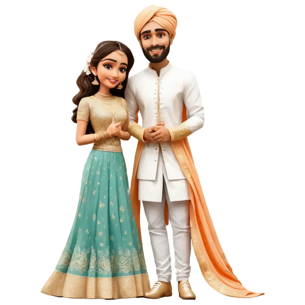 Stunning-Sangeet-Ceremony-PNG-Caricature-Bride-and-Groom-Standing-Proud