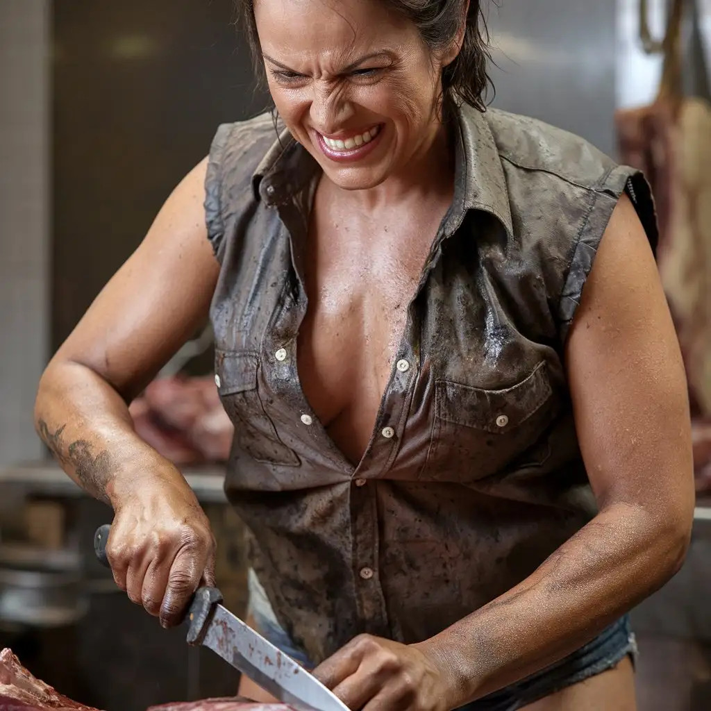 Seductive-Woman-Carving-Meat-with-Butcher-Knife-in-Grimy-Setting