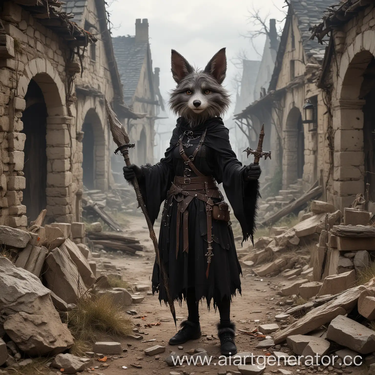 Furry-Witch-Standing-in-Ruins-with-Daggers