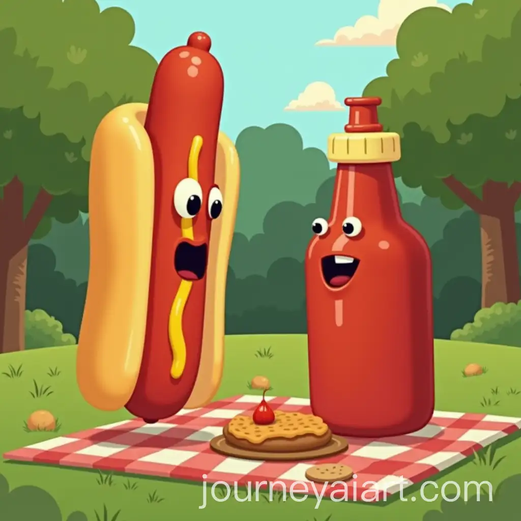 Hotdog-and-Ketchup-Bottle-Characters-Arguing-During-a-Picnic-in-the-Park