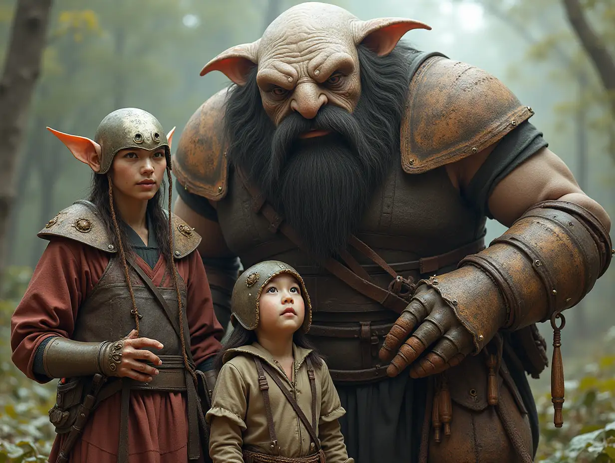 Ki-Fantasy family,Man,Woman, and Children, giant alien face with beard and with wooden armor equipment