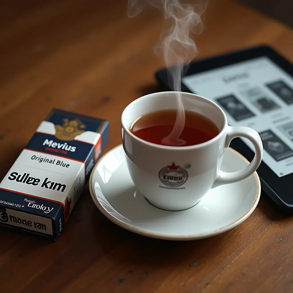 A detailed scene of a wooden table with a steaming cup of tea in a white ceramic mug placed on a saucer, featuring 'epub (mm) by MTN' logo on the mug. Beside the mug lies a pack of cigarettes labeled 'Mevius Original Blue' with a clear 'Smoking kills' warning. On the right, there is a Kindle e-reader displaying a library of books, including visible covers like 'Sapiens.' The background subtly showcases the rich texture of the wooden table, and the lighting emphasizes the cozy ambiance of a casual morning or break time setting.