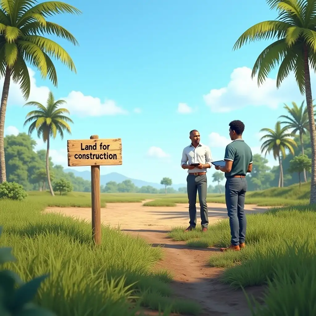 /imagine A realistic photograph of a flat, undeveloped plot of land under a clear blue sky, surrounded by green grass and tropical trees typical of Cameroon. A wooden sign reading ‘Land for construction’ is planted in the ground. Nearby, an African person with light black skin, dressed in a professional shirt, examines the land with a tablet in hand. Natural sunlight, vibrant colors (green, brown, blue).