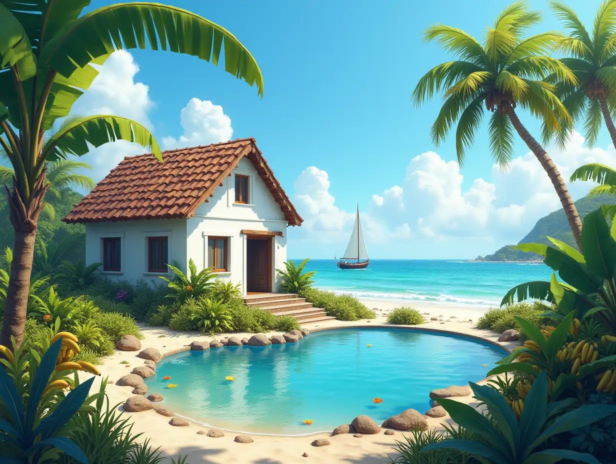 Crooked white house with garden  And a pond on the beach with a boat in the sea,Bananas, shrubs and palms 4K resolution colorful wide-angle shots