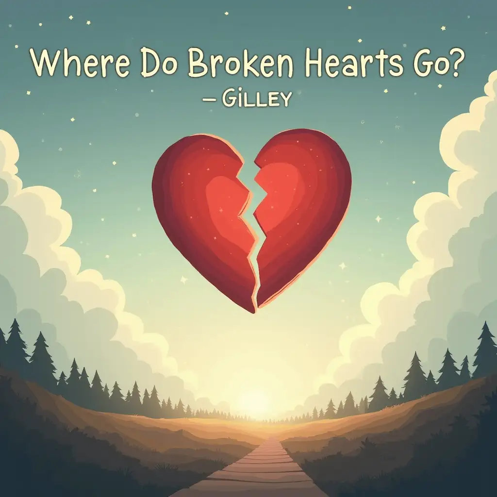 Create an illustration of a poignant landscape featuring a cracked or torn heart floating upwards, surrounded by misty clouds or stars, with a subtle serene background, and the words 'Where Do Broken Hearts Go? - Gilley' prominently displayed.