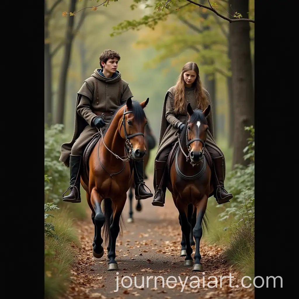 Two-Young-Riders-in-Medieval-Clothing-on-a-Forest-Path