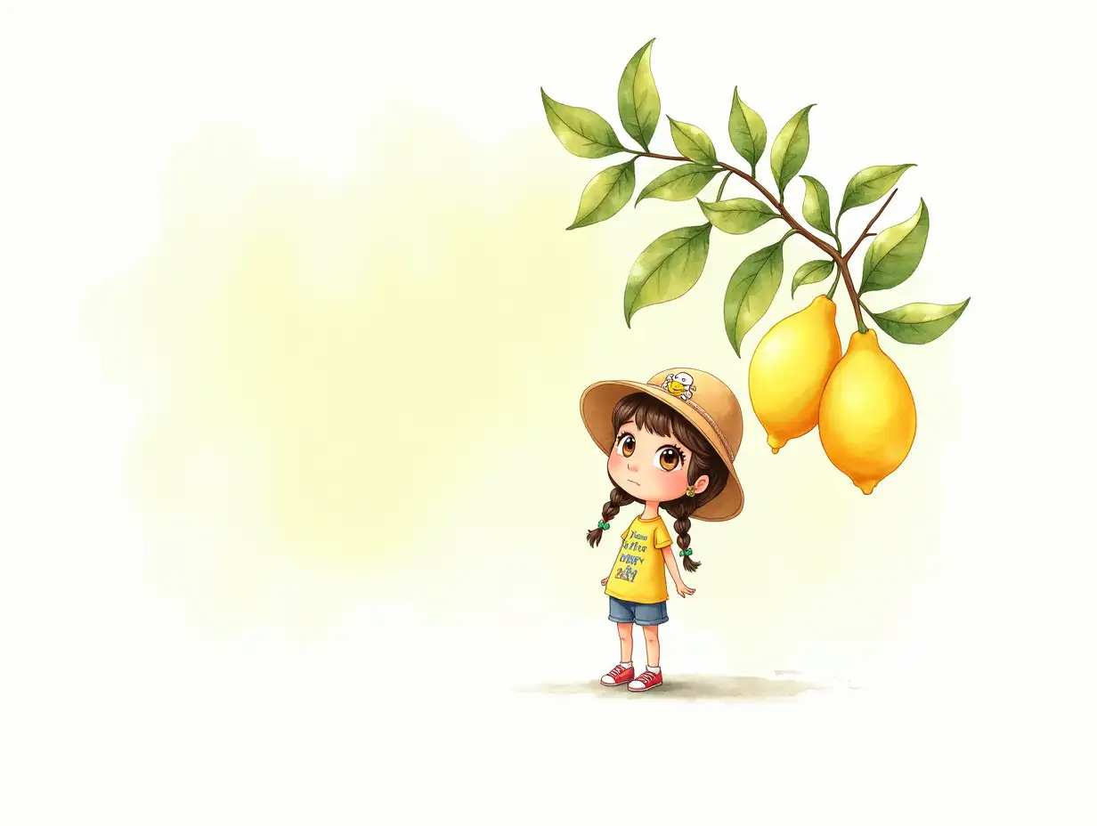 A watercolor painting in cartoon style on a white background, featuring a young girl standing in front of a lemon tree. The girl has braided hair, a hat with a small character on it, and a playful t-shirt. The lemons on the tree are large and colorful. The style should have a soft, hand-painted watercolor look, with light, flowing colors and a clean, simple design.