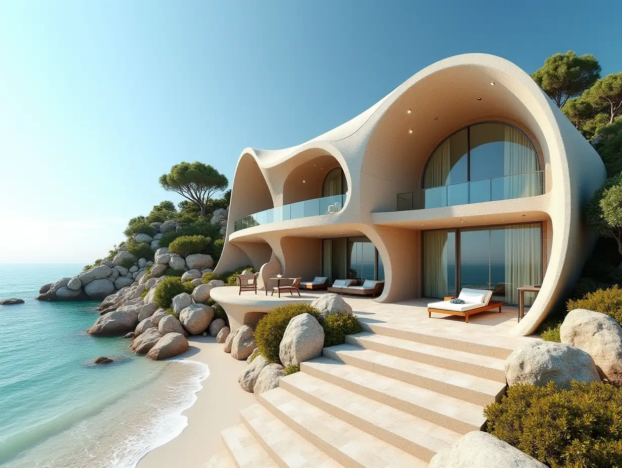 Crooked house with side line to the beach  Planting-with stucco in the form of plant ornaments, large windows with glass closed, curved, smooth window shapes, winding large entrance steps made of marble complex, curved roof with dike, lanterns, bench on the beach with  lending view to the sea 4K resolution colorful wide-angle shots