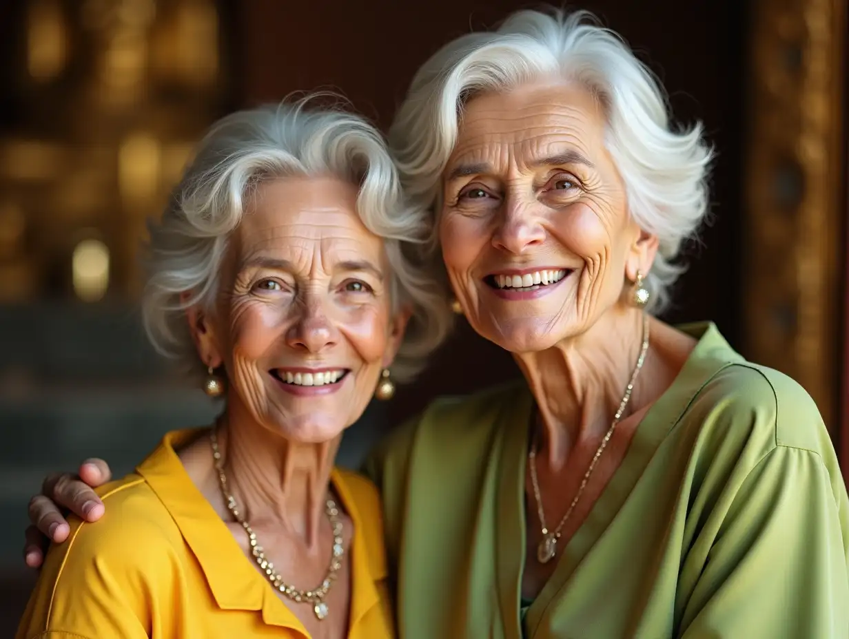 Two 60 years old, with white hair, with a blouse in yellow and green, with a light smile on their face, accentuating their smile, modern retro jewelry, in a temple with much gold in various shades   4k quality