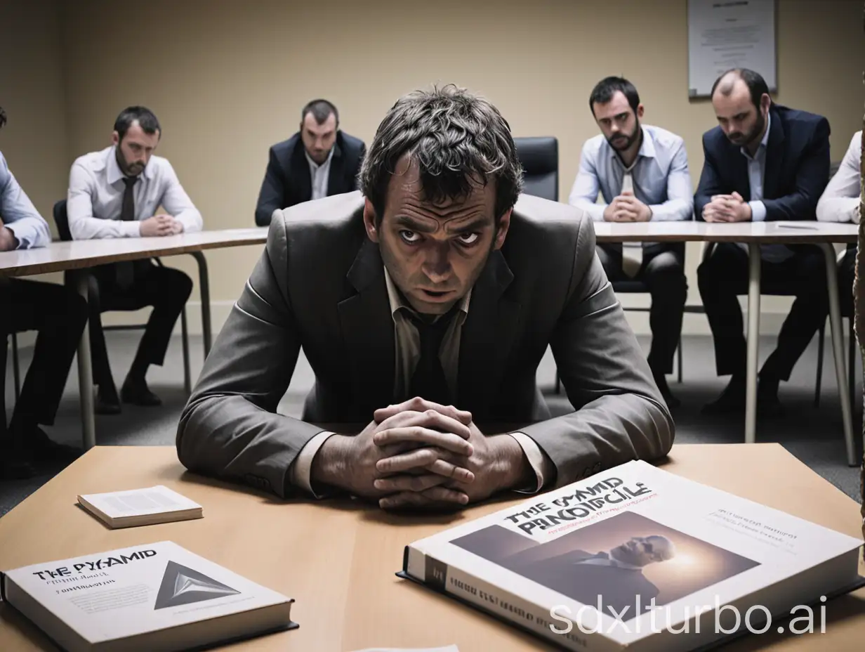 A collapsed man, next to him is a book titled 'The Pyramid Principle', and around him people are looking at him with gloomy eyes. The background is the meeting room of a company.