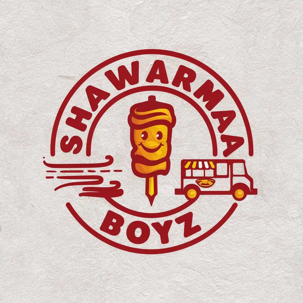 Logo Design For Shawarma Boyz Smiling Shawarma Skewer Character with Vibrant Red and Orange Palette