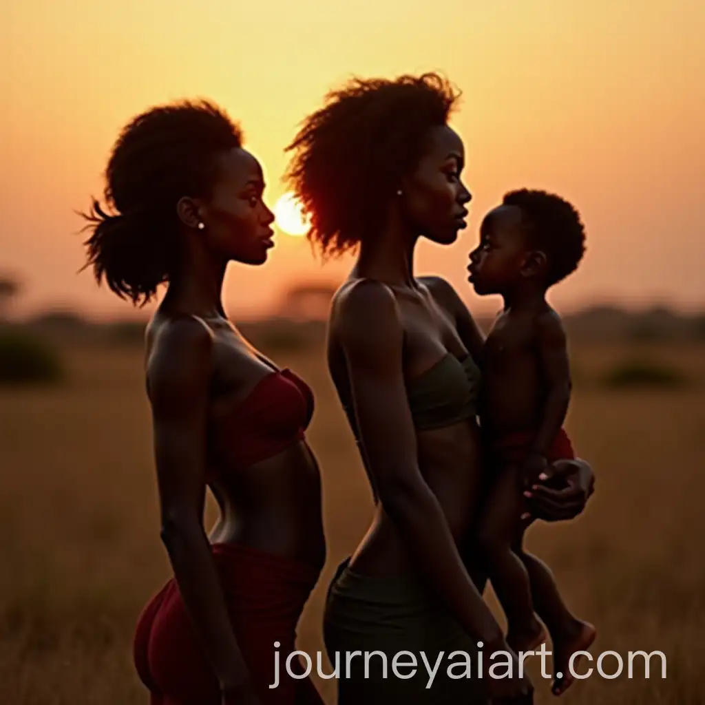 African-Women-and-Child-in-Twilight-on-the-Savanna