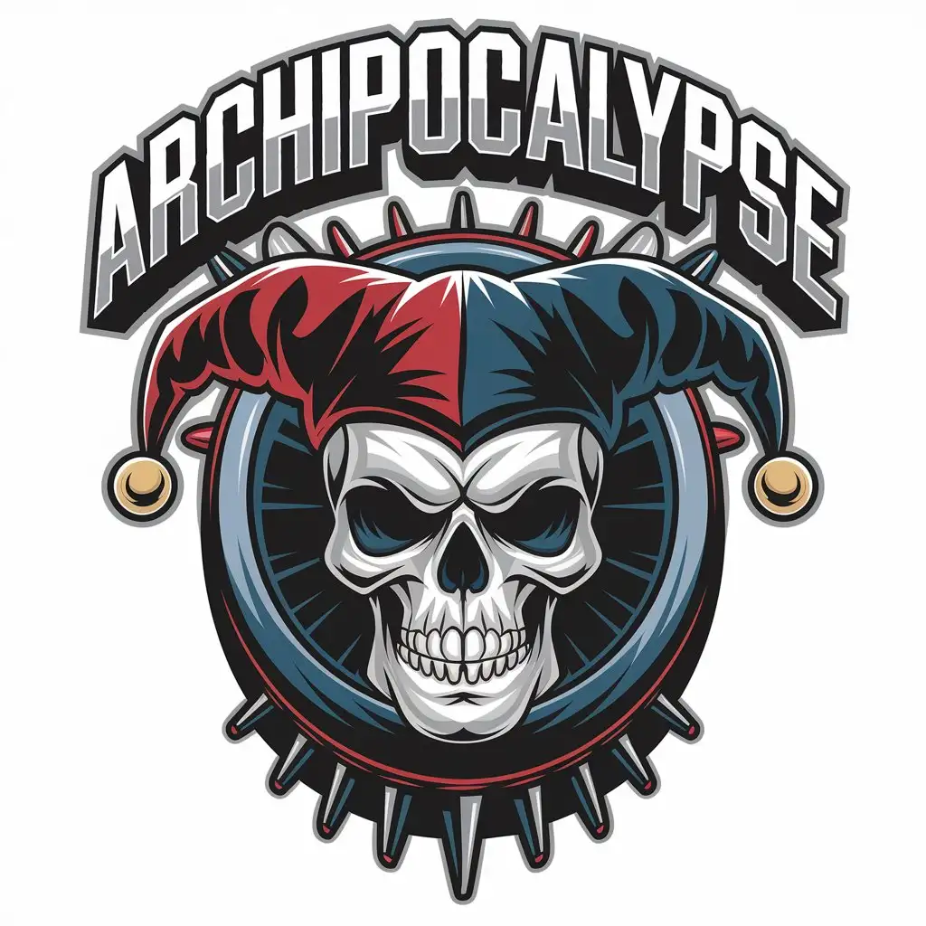 LOGO Design for Archipocalypse Carnival Style Red and Black Jester Hat on Human Skull for Technology Industry