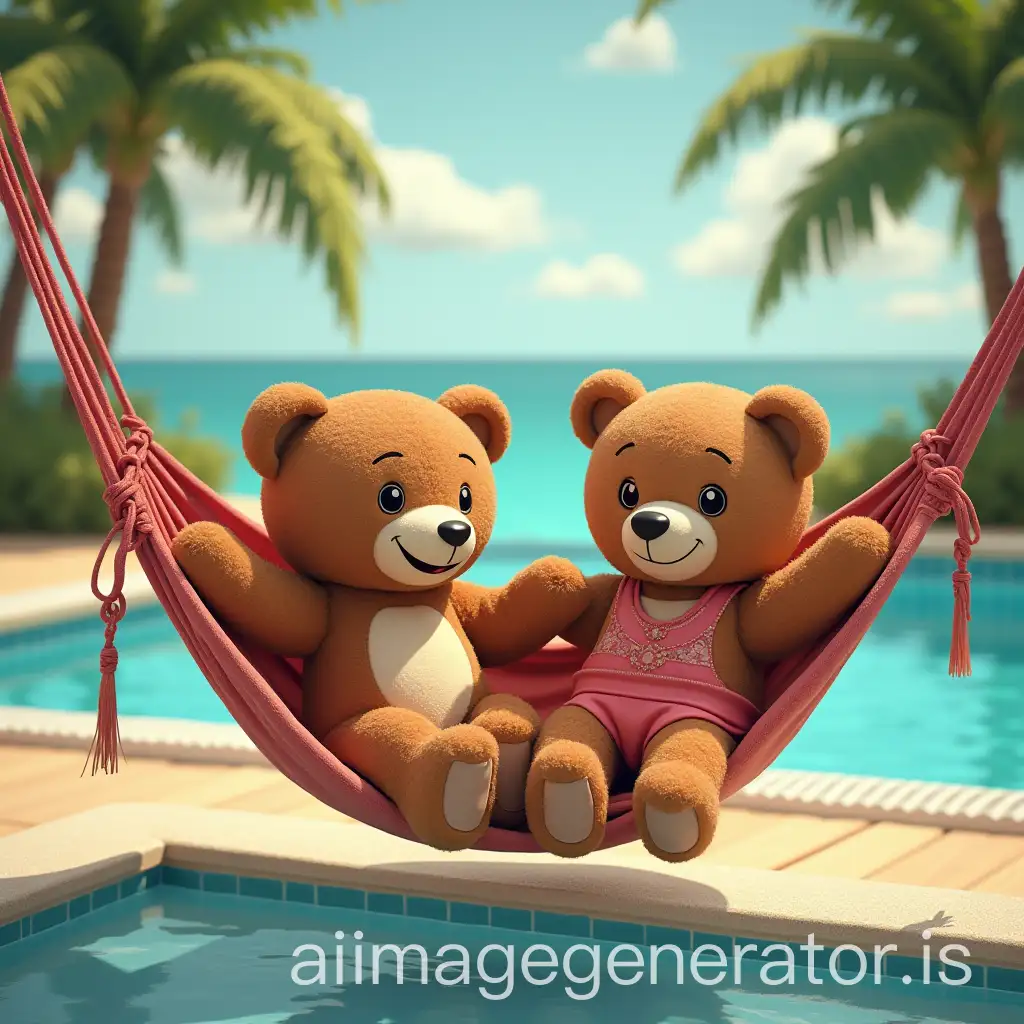 teddy bear and his girlfriend in a hammock by the poolside