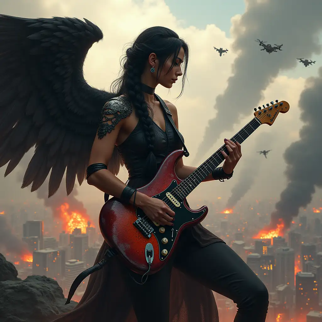 Heroic fantasy digital painting depicting a winged warrior woman, her face etched with determination, playing an electric guitar as she overlooks a dystopian futuristic city under siege. She has long black hair pulled back in a tight braid and powerful, raven-black wings. The guitar is battle-worn but still emits a vibrant energy. The city is engulfed in smoke and fire, with robotic drones patrolling the skies. Dramatic lighting, highly detailed textures, cinematic composition, epic scale.