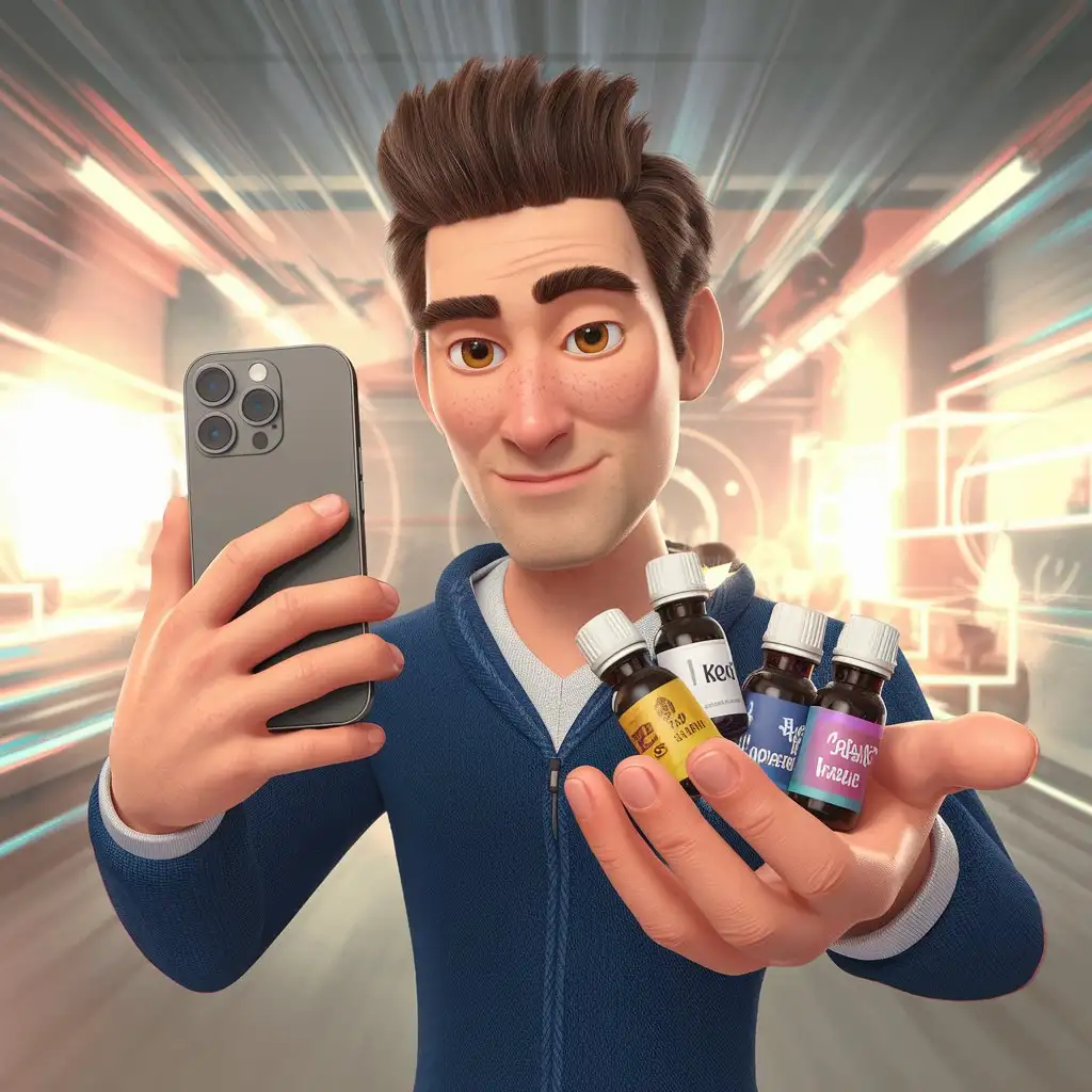 a man photographs on the phone hand holding several small vials against a bright room with 3d animation effects in the background