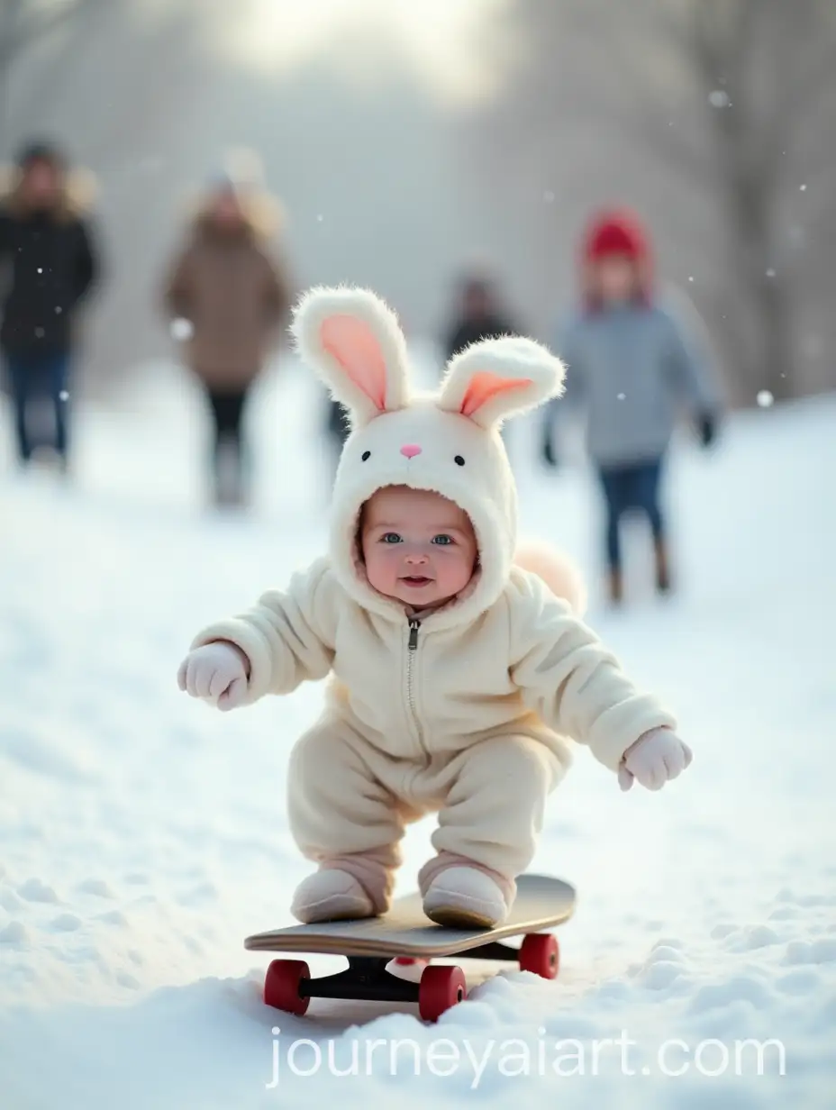 Newborn-Baby-in-Bunny-Costume-Skateboarding-Down-a-Snowy-Hill