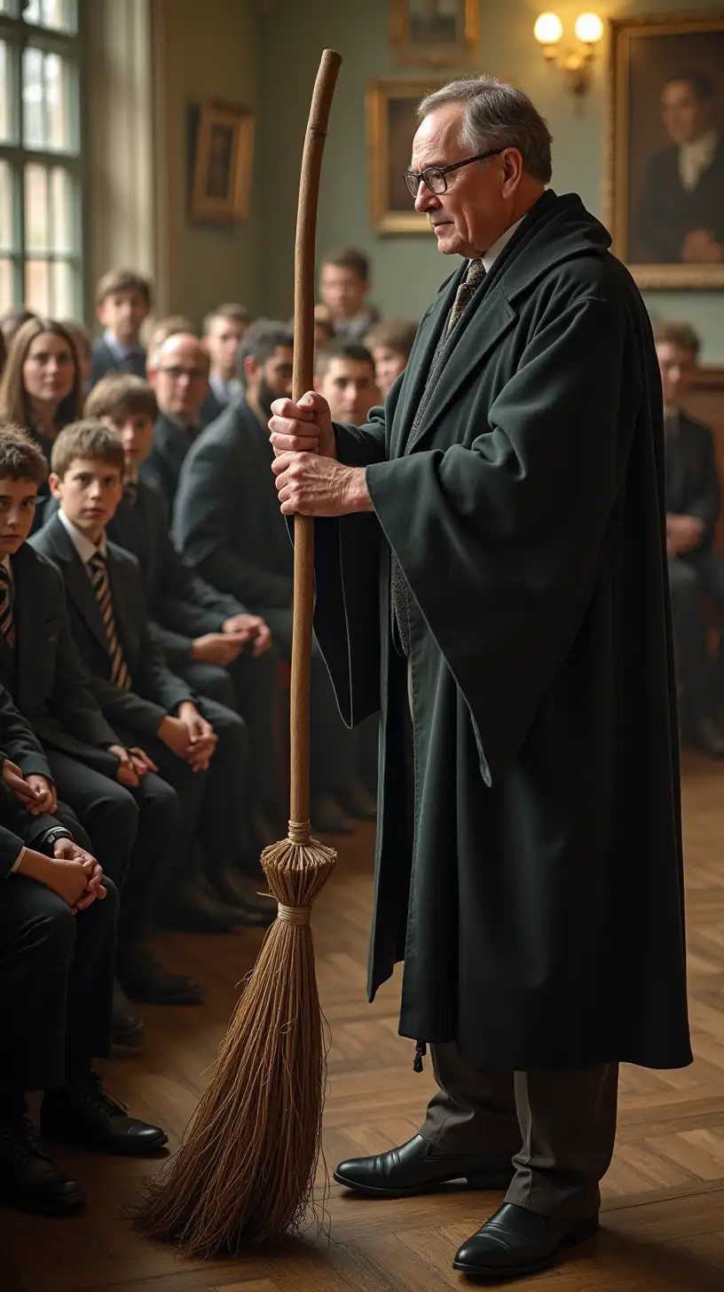 Teacher Showing Students a Broomstick in Classroom