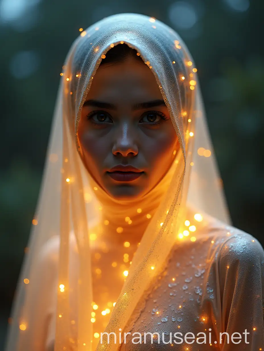 Indonesian Woman in Glowing Crystal Hijab Portrait