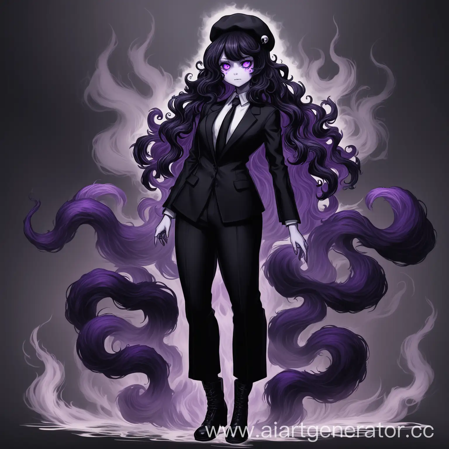 Elegant-Monster-Girl-in-Classic-Suit-and-Beret-with-Purple-Eyes-and-Ethereal-Hair