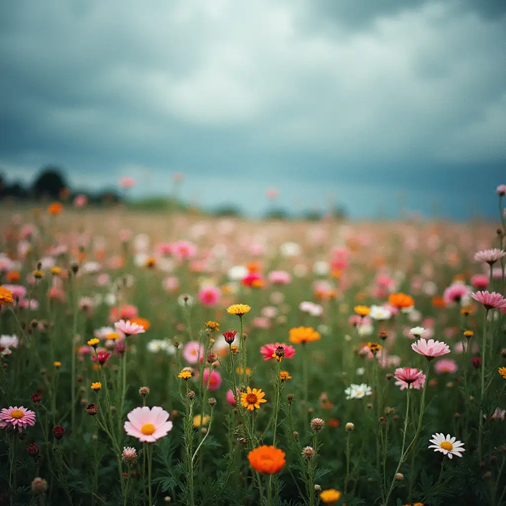 Field of Flowers Under a Stormy Sky