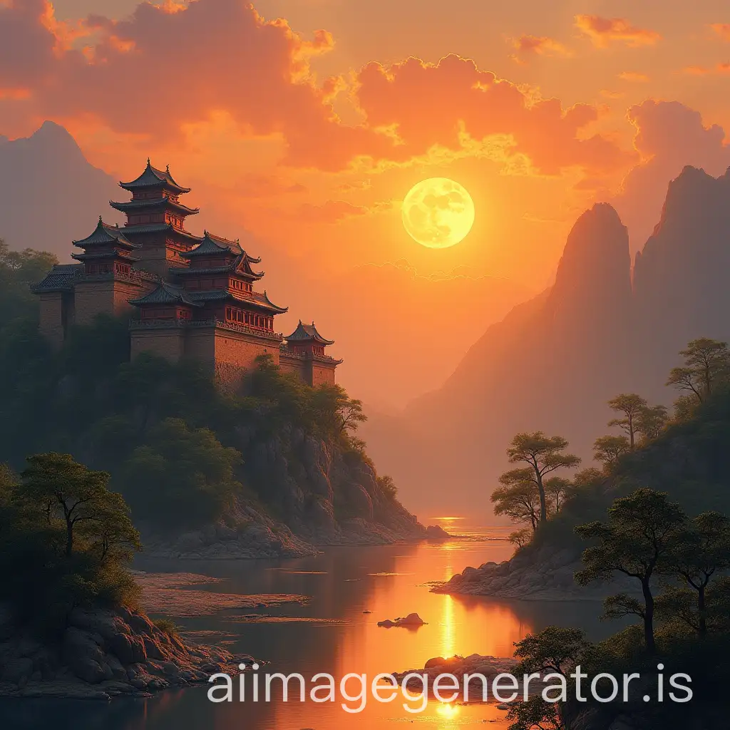 landscape painting of ancient palace under setting sun