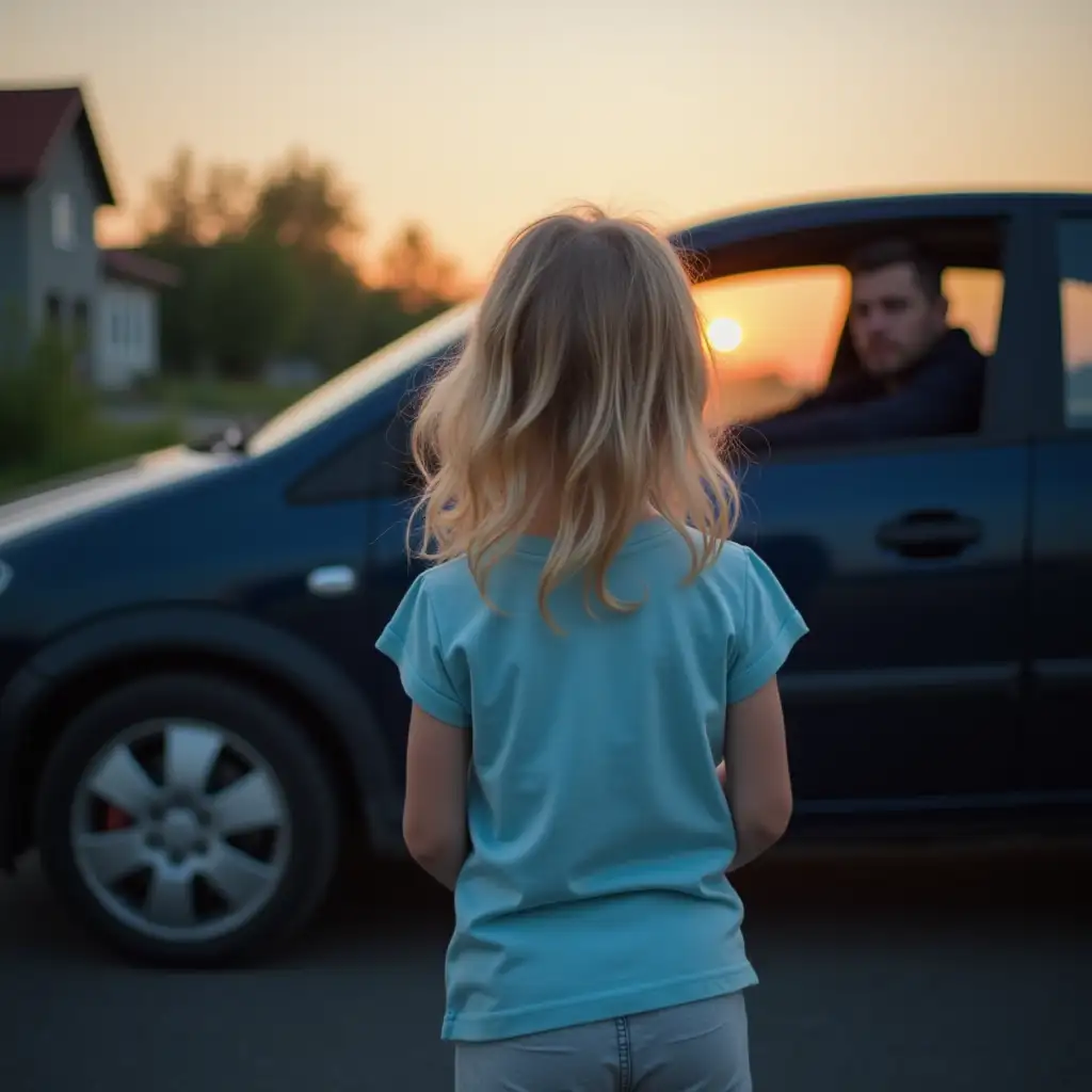 5-year-old Ukrainian girl stands at the roadside in the evening. She is wearing a light blue shirt and light blue shorts. She has beautiful blonde hair. Next to her is a car, in which sits a 22-year-old man in dark clothing.