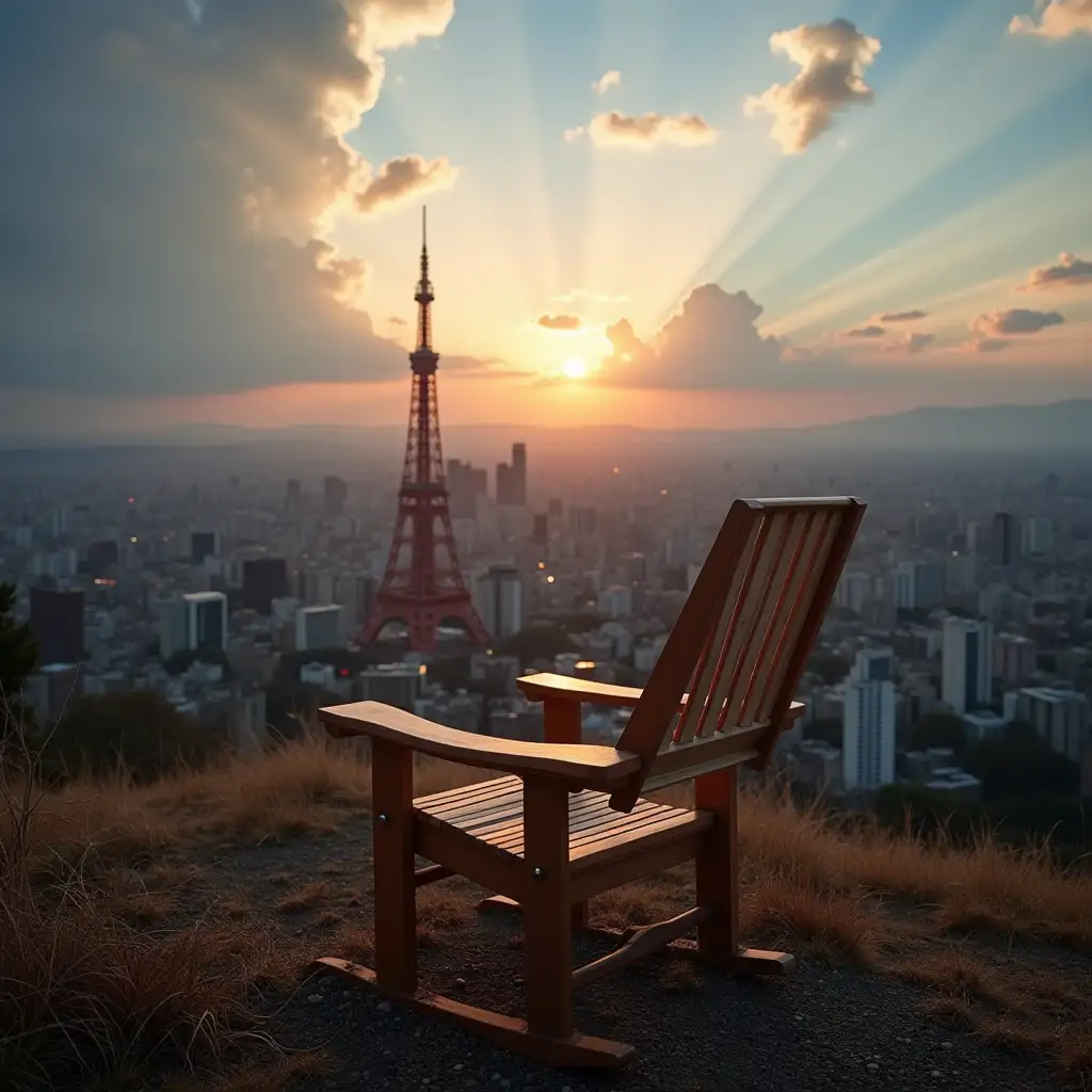 Wooden-Chair-with-Scenic-View-of-a-Japanese-Cityscape