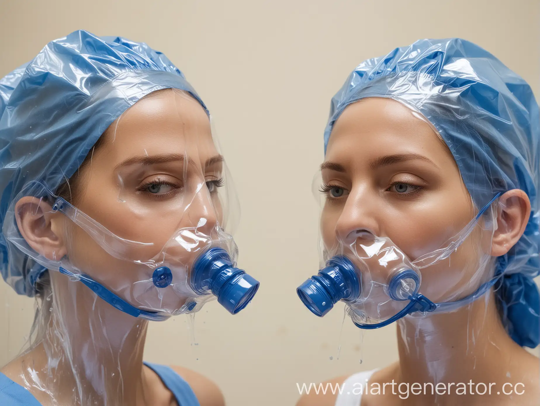 make me an image of two female patients wearing clear oxygen masks and blue plastic shower caps looking into each others eyes