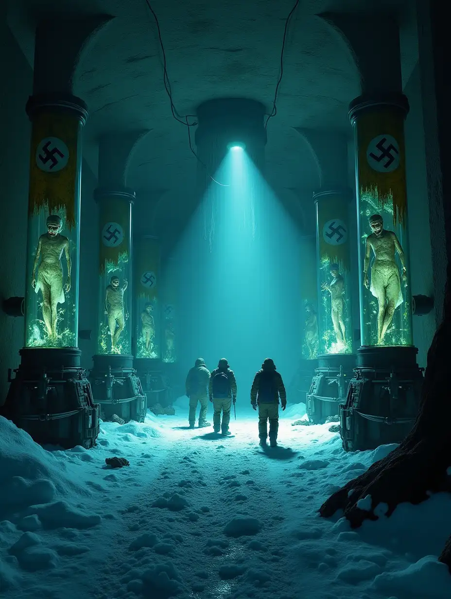 A hyper-realistic depiction of explorers uncovering a massive underground Nazi base hidden beneath the Antarctic ice. The scene centers on a chilling, dimly lit laboratory filled with advanced, experimental weaponry and strange scientific equipment. Large glass cylinders containing grotesque, half-formed humanoid figures line the walls, their contents illuminated by eerie green and blue lights. Swastika-emblazoned banners hang in tattered remnants, frozen in time. The explorers stand cautiously amidst the ruins, their flashlights casting stark shadows across the icy floor. The atmosphere is one of discovery, dread, and historical weight, with the cold air visible as vapor in the dim light.