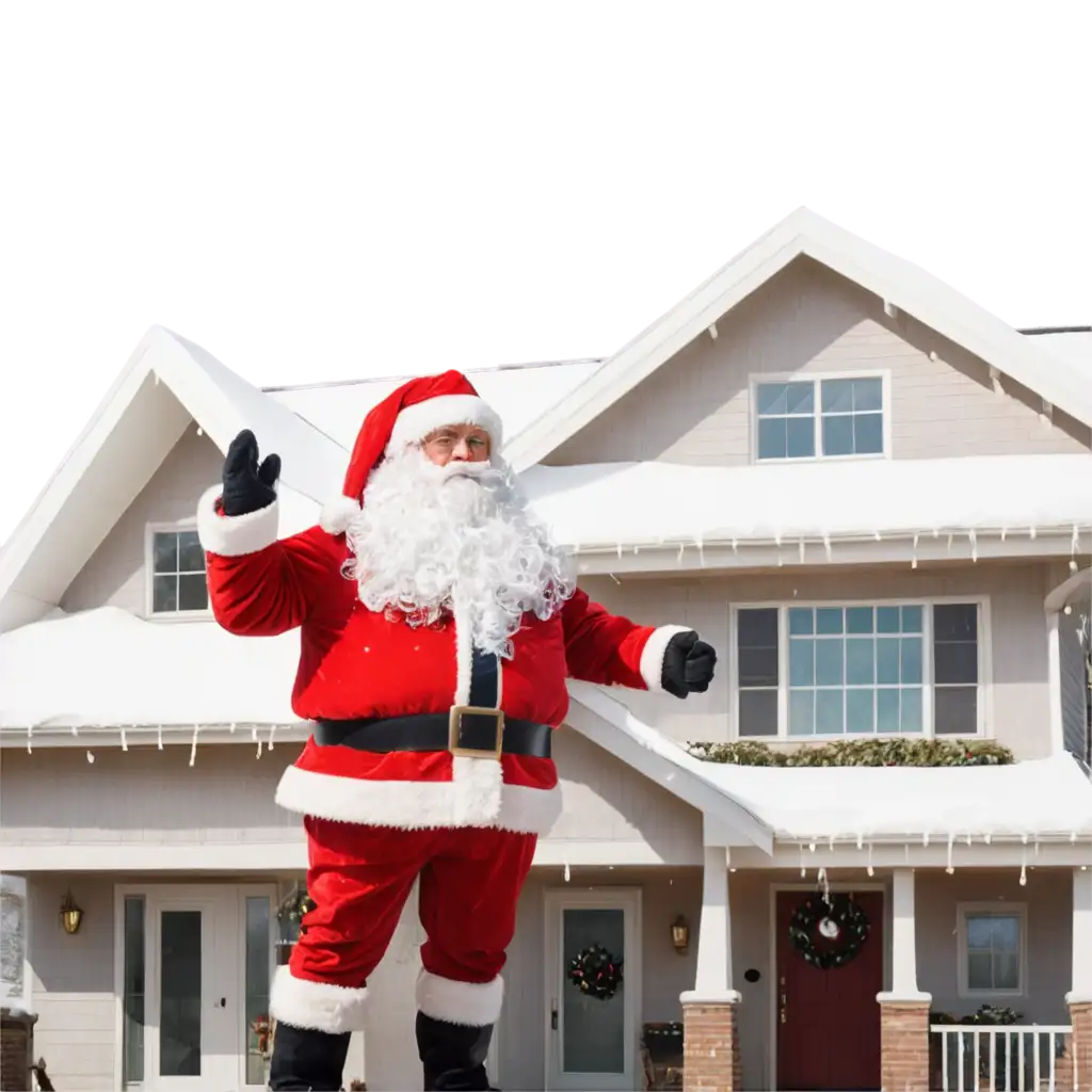 Photorealistic-PNG-of-Giant-Santa-Claus-Pointing-at-Roof-Issues-on-a-Festive-American-House