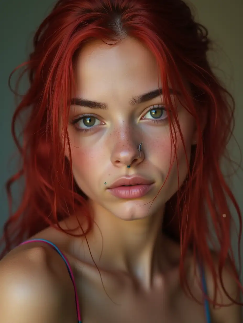 Pretty girl, with red, wet hair, piercings and direct, first gaze into the camera