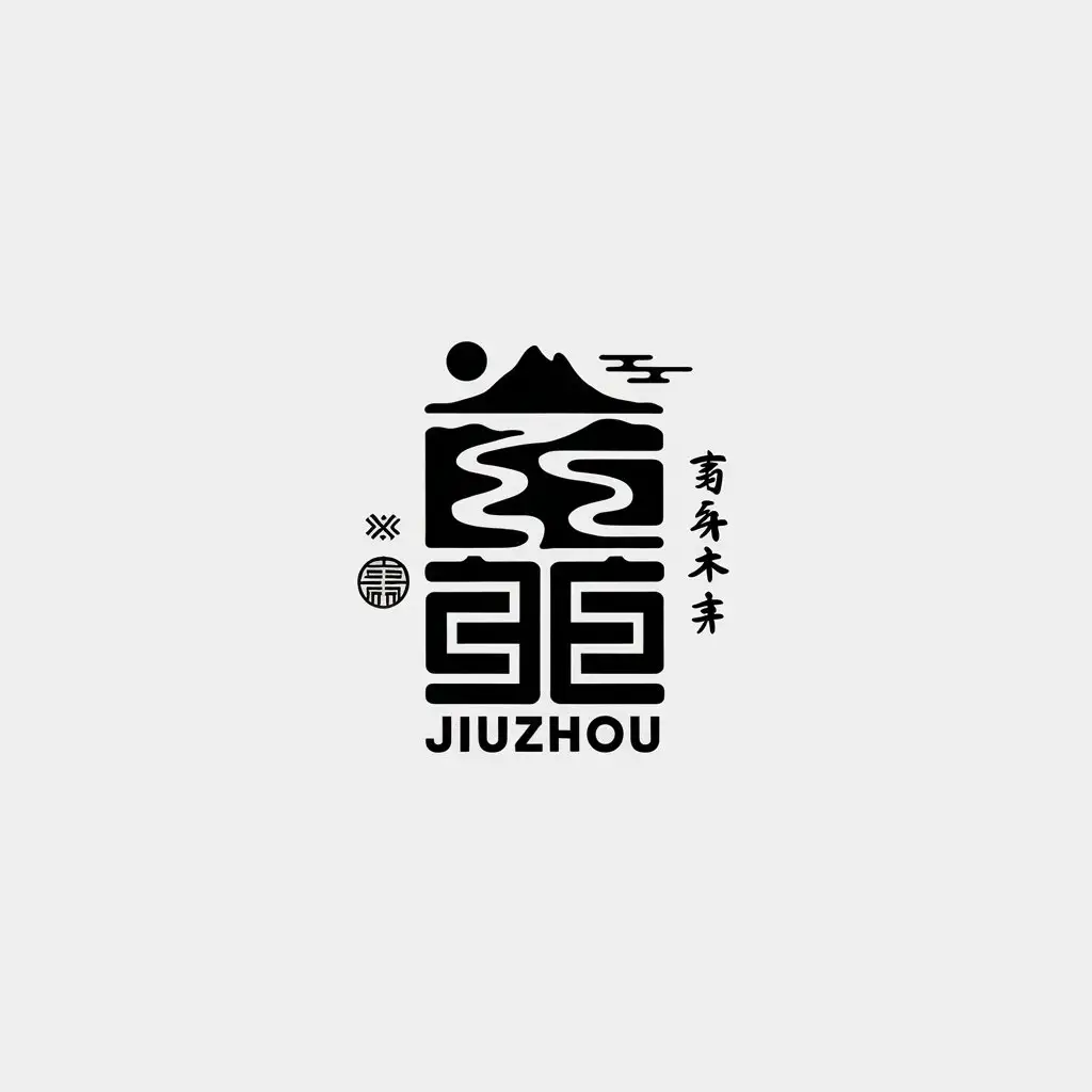 a vector logo design,with the text "Jiuzhou", main symbol:Chinese style mountains, rivers, sun and moon, ancient wind elements artistic words water ink painting,Minimalistic,be used in calligraphy industry,clear background