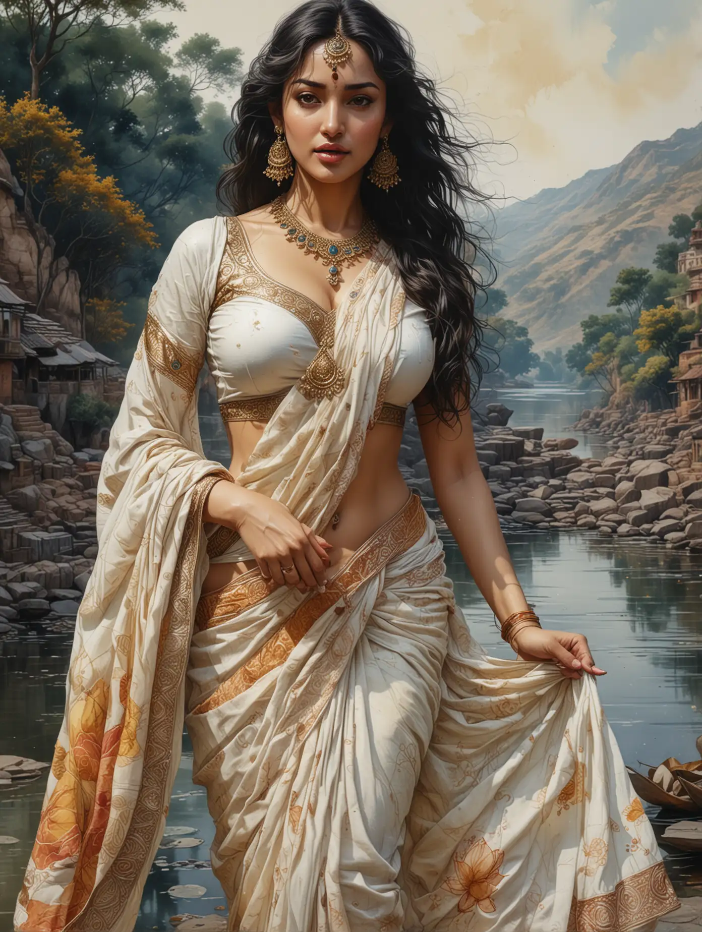 Eye level view captured, Watercolor, alcohol ink, detail drawing, contrast, intricate, 4k resolution, dark fantasy concept art, dynamic lighting, hyper detail, intricately detailed, deep colors, volumetric lighting, white and golden complementary colors, 3D, of beautiful india's goddess of hindustan Monica Bellucci with awesome cleavage wears majestic india's dress with saree, standing up facing the camera, she's holding a lotus flower , walking proudly on riverside, flowing hair, flowing saree, makes dramatic effect, colorful pen sketchy draw, hand drawn, dark, gritty, realistic sketch, rough sketch, mix of bold dark lines and loose lines, large river with wonderful landscape background, on canvas, extremely detailed, masterpiece art