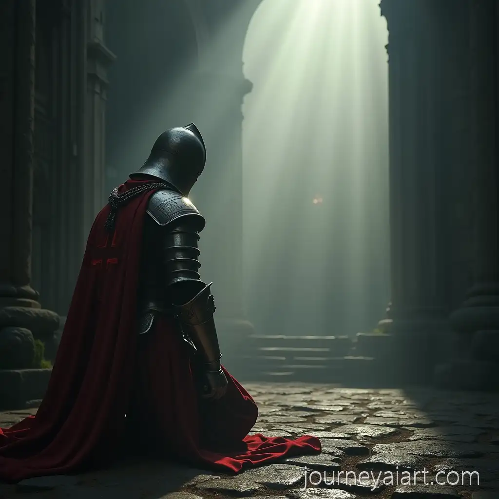 Templar-Knight-PrayingTemplar-knight-in-prayer-in-Ruined-Cathedral-with-Heavenly-Light