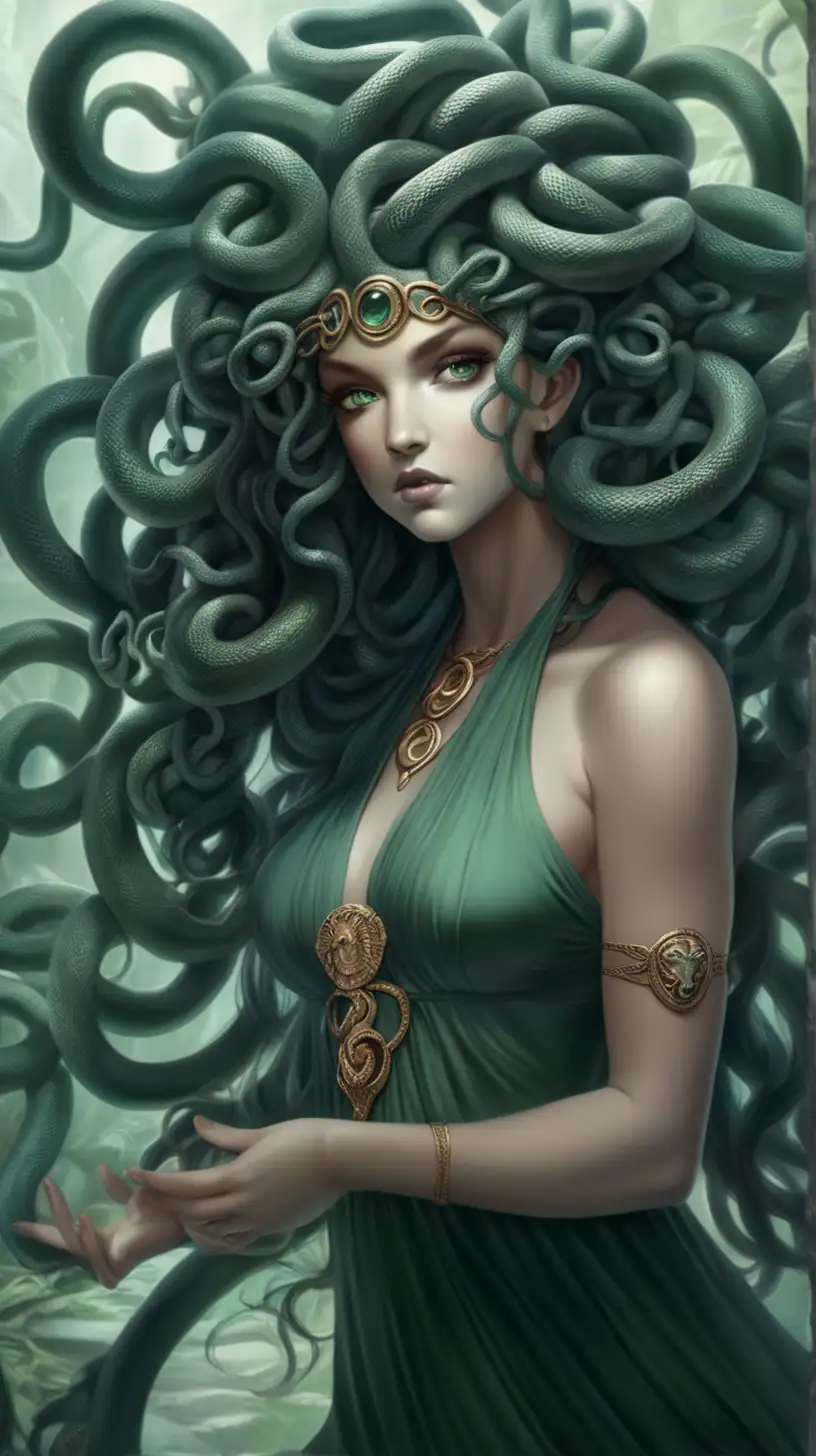 Enchanting Medusa with Serpentine Curls and Glowing Eyes