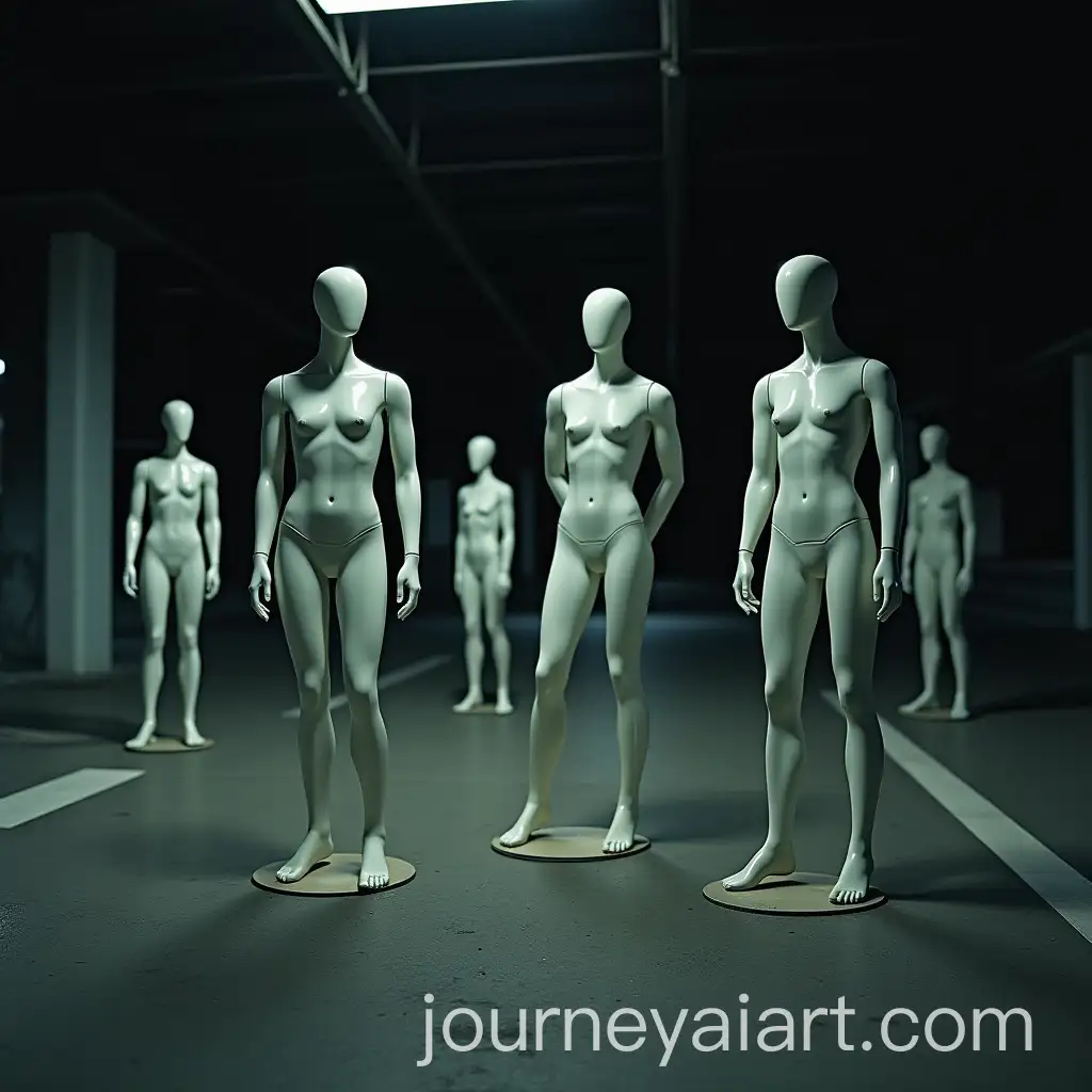 Plastic-Mannequins-in-a-Dark-Abandoned-Parking-Lot-at-Night