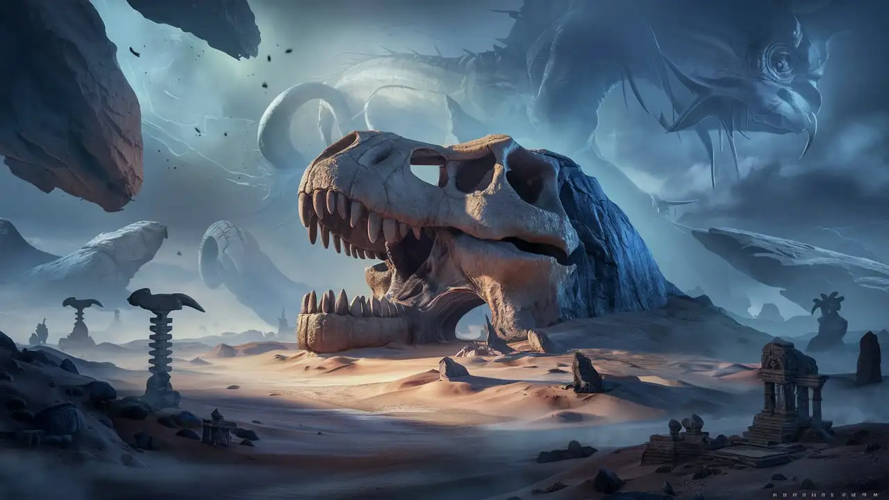 Stylized ARPG Video Game Cover Art Alien World Misty Desert with Prehistoric Totems and Behemoth Alien Beast