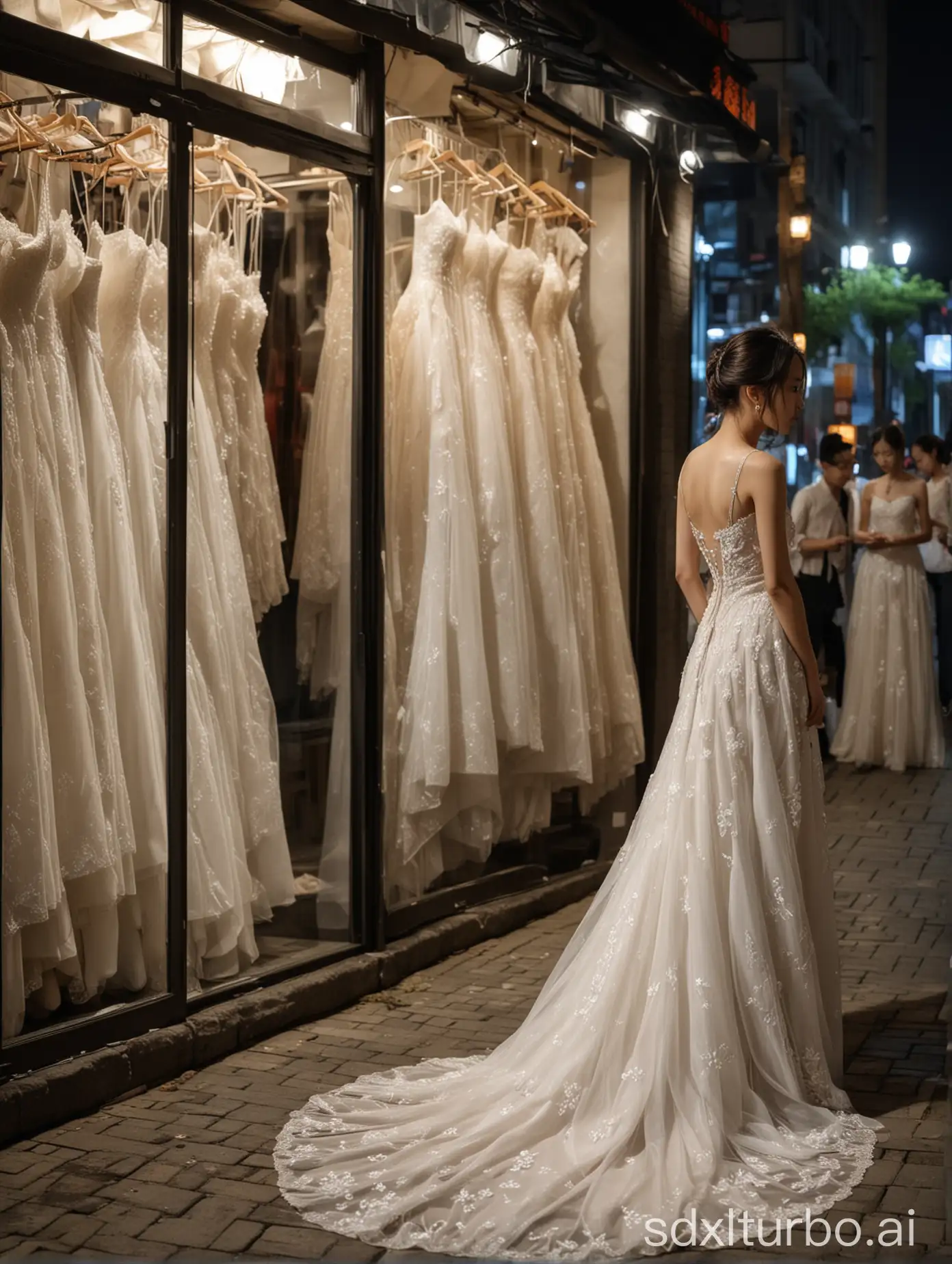 Chinese-Girl-Alone-in-Bridal-Shop-at-Night