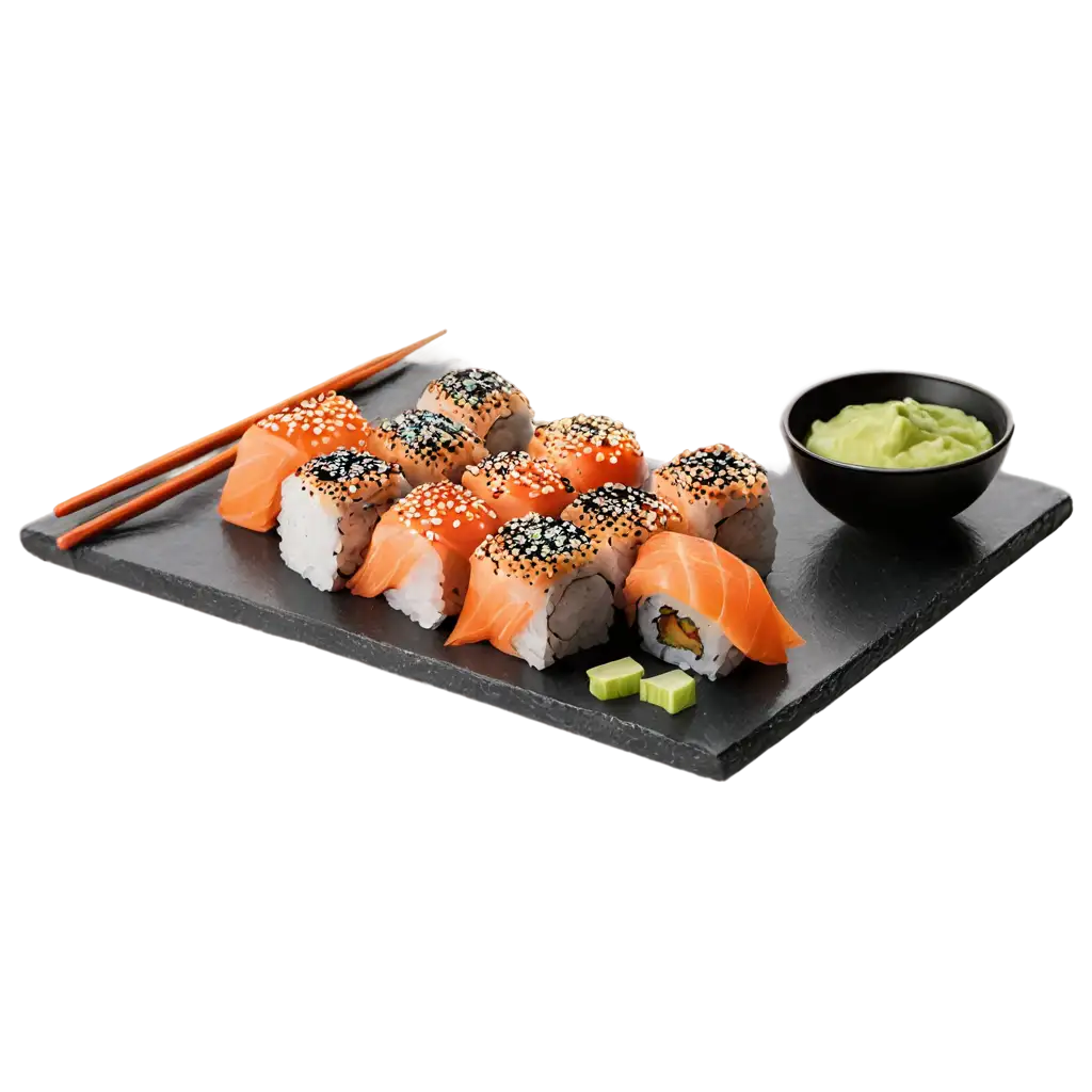 HighQuality-PNG-Image-of-Sushi-Rolls-with-Salmon-on-Stone-Plate-Soy-Sauce-Wasabi-and-Pickled-Ginger-for-Culinary-Aesthetics