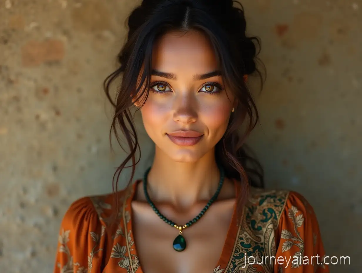 Photorealistic-Portrait-of-a-Young-Woman-in-Bohemian-Wrap-Dress-with-HazelGreen-Eyes