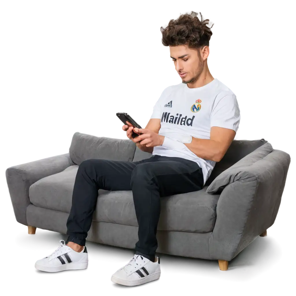 HighQuality-PNG-Image-Real-Madrid-Fan-Checking-Phone-on-Sofa