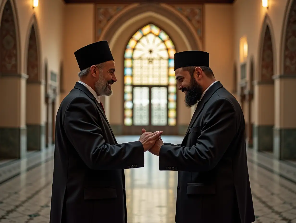 two adult males in the mosque, forgiving eachother