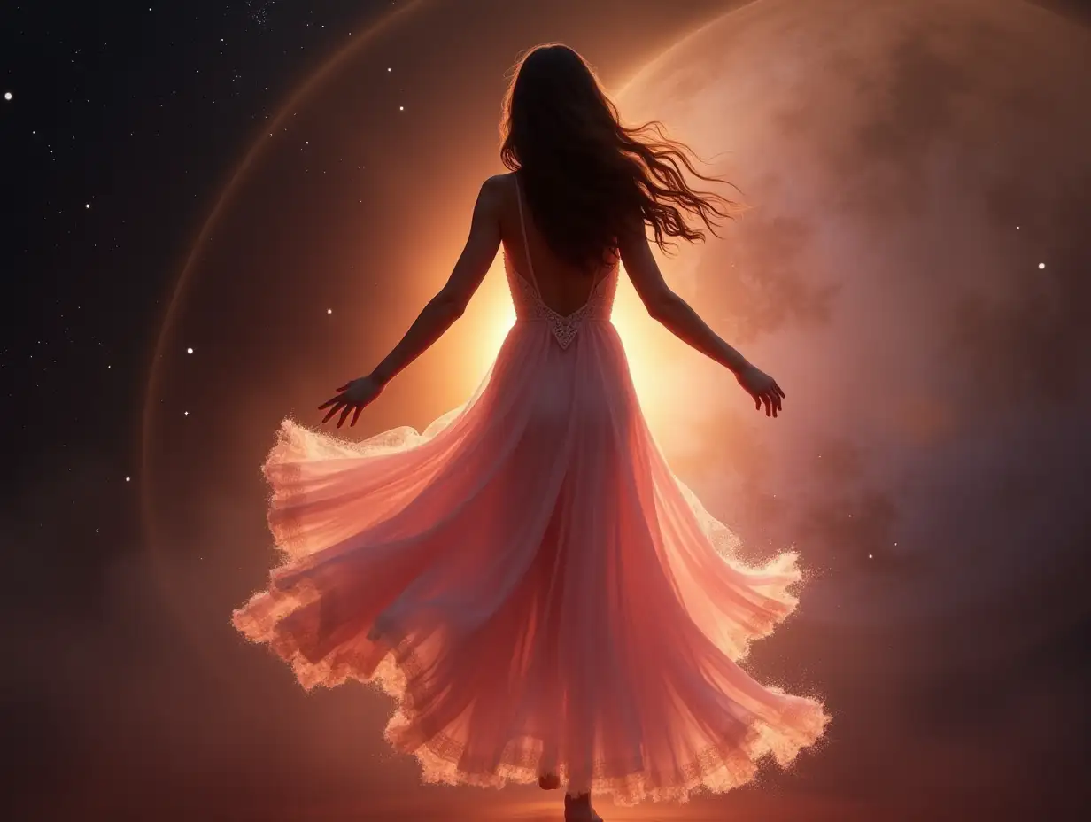 static view of a glowing woman silhouette with a flowing pale pink dress, long brown hair, gravitating in motion around the planet Venus