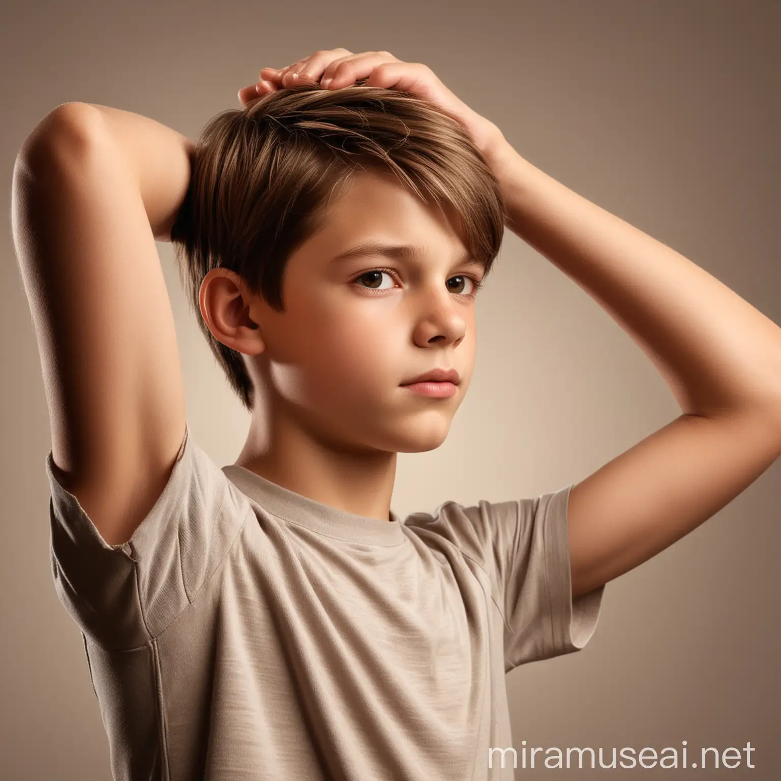 Hyper Realistic Portrait of an ElevenYearOld Boy Flexing Muscles in Profile View