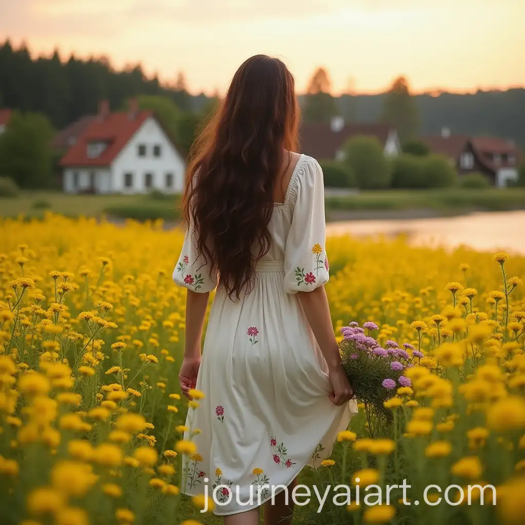 Woman-in-White-Dress-with-Meadow-Bouquet-by-River-Hopper-at-Sunset
